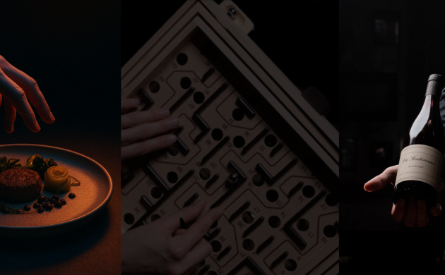 Expérience sensorielle dans le noir : dégustation de plat, atelier ludique en équipe et présentation de vin lors d’un événement d’entreprise.